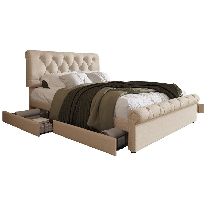 Lit double 140x200cm avec 4 tiroirs, tête de lit réglable, style Chesterfield, bois & métal, naturel