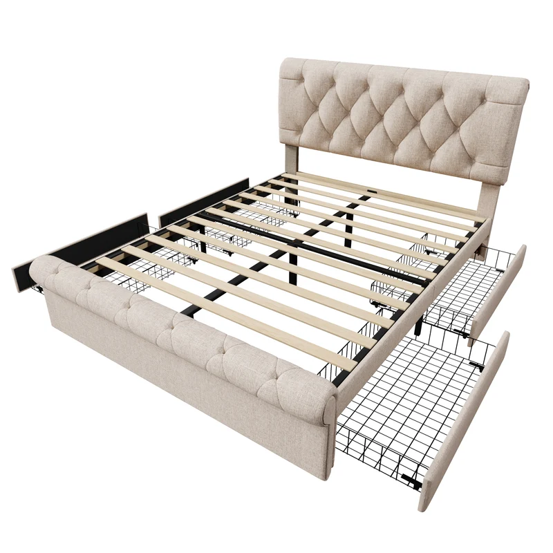 Lit double 140x200cm avec 4 tiroirs, tête de lit réglable, style Chesterfield, bois & métal, naturel