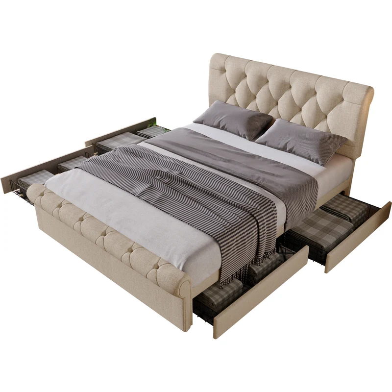 Lit double 140x200cm avec 4 tiroirs, tête de lit réglable, style Chesterfield, bois & métal, naturel