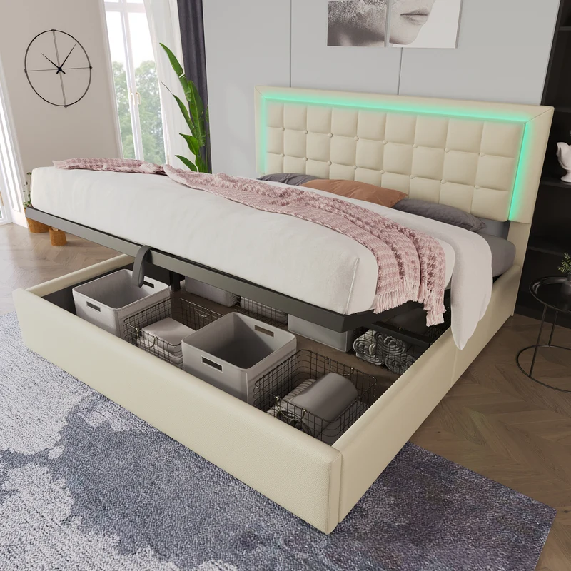 Lit double 140x200cm avec rangement, LED, simili cuir blanc, sommier inclus, design moderne