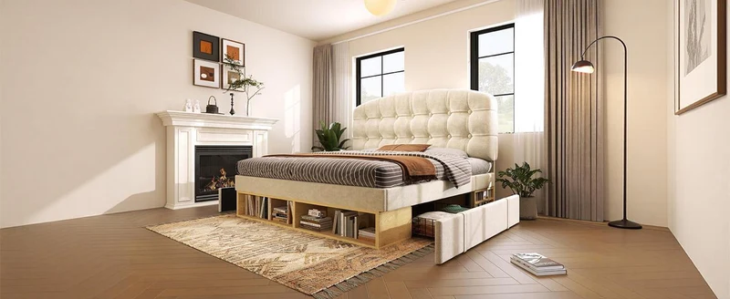 Lit double 140x200 en velours beige avec sommier, tête de lit réglable, tiroirs et rangements – Cadre de lit design sans matelas
