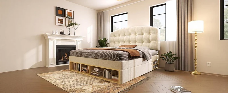 Lit double 140x200 en velours beige avec sommier, tête de lit réglable, tiroirs et rangements – Cadre de lit design sans matelas
