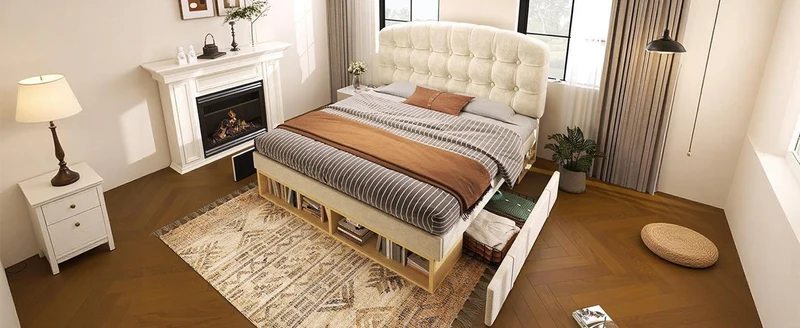 Lit double 140x200 en velours beige avec sommier, tête de lit réglable, tiroirs et rangements – Cadre de lit design sans matelas