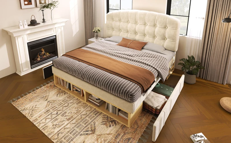 Lit double 140x200 en velours beige avec sommier, tête de lit réglable, tiroirs et rangements – Cadre de lit design sans matelas