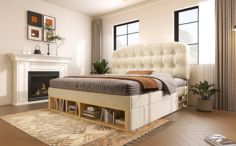 Lit double 140x200 en velours beige avec sommier, tête de lit réglable, tiroirs et rangements – Cadre de lit design sans matelas