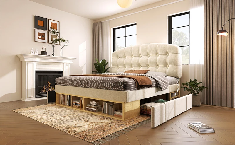 Lit double 140x200 en velours beige avec sommier, tête de lit réglable, tiroirs et rangements – Cadre de lit design sans matelas