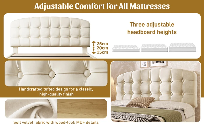 Lit double 140x200 en velours beige avec sommier, tête de lit réglable, tiroirs et rangements – Cadre de lit design sans matelas