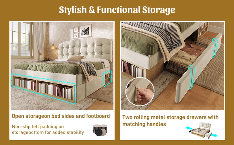 Lit double 140x200 en velours beige avec sommier, tête de lit réglable, tiroirs et rangements – Cadre de lit design sans matelas