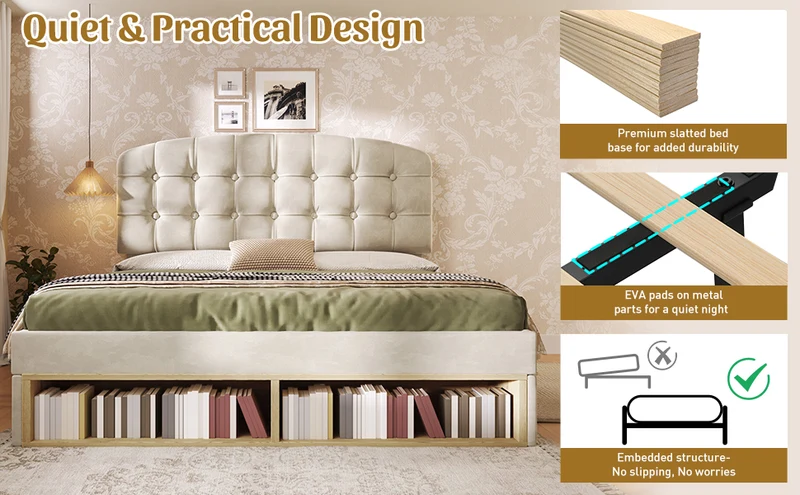 Lit double 140x200 en velours beige avec sommier, tête de lit réglable, tiroirs et rangements – Cadre de lit design sans matelas
