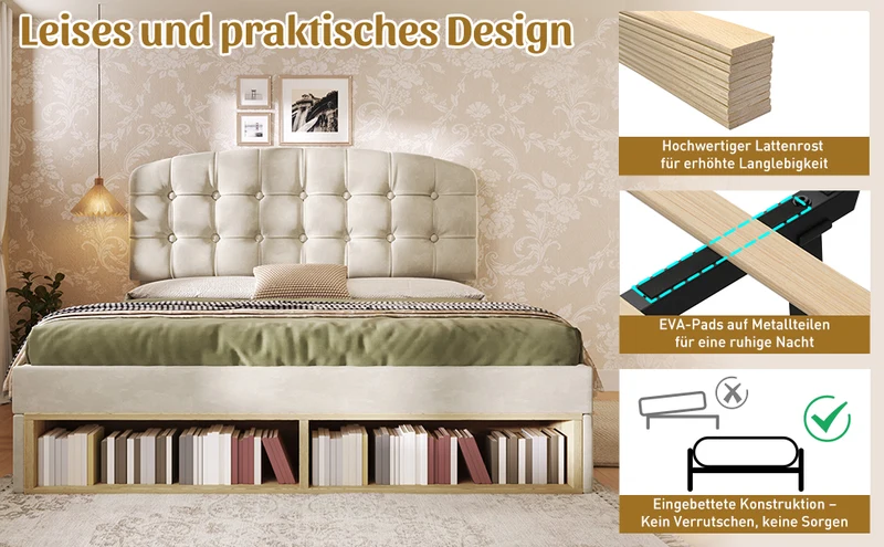 Lit double 140x200 en velours beige avec sommier, tête de lit réglable, tiroirs et rangements – Cadre de lit design sans matelas