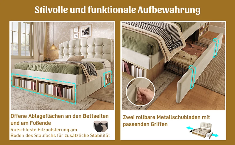 Lit double 140x200 en velours beige avec sommier, tête de lit réglable, tiroirs et rangements – Cadre de lit design sans matelas