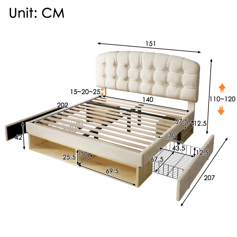 Lit double 140x200 en velours beige avec sommier, tête de lit réglable, tiroirs et rangements – Cadre de lit design sans matelas