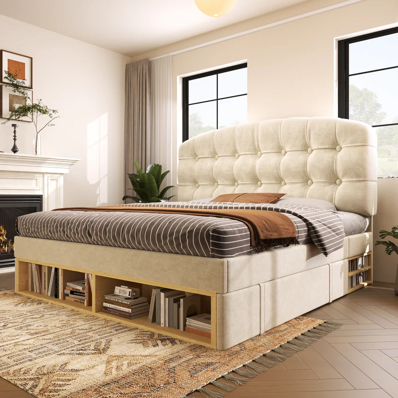 Lit double 140x200 en velours beige avec sommier, tête de lit réglable, tiroirs et rangements – Cadre de lit design sans matelas