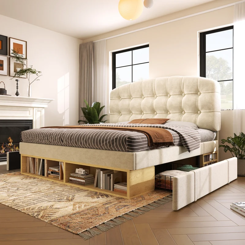 Lit double 140x200 en velours beige avec sommier, tête de lit réglable, tiroirs et rangements – Cadre de lit design sans matelas