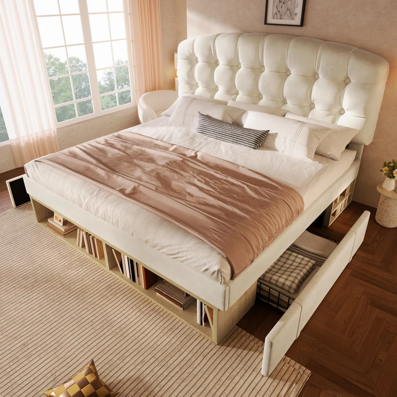Lit double 140x200 en velours beige avec sommier, tête de lit réglable, tiroirs et rangements – Cadre de lit design sans matelas