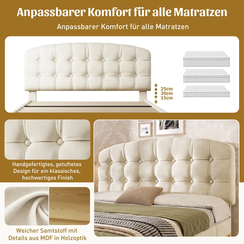 Lit double 140x200 en velours beige avec sommier, tête de lit réglable, tiroirs et rangements – Cadre de lit design sans matelas
