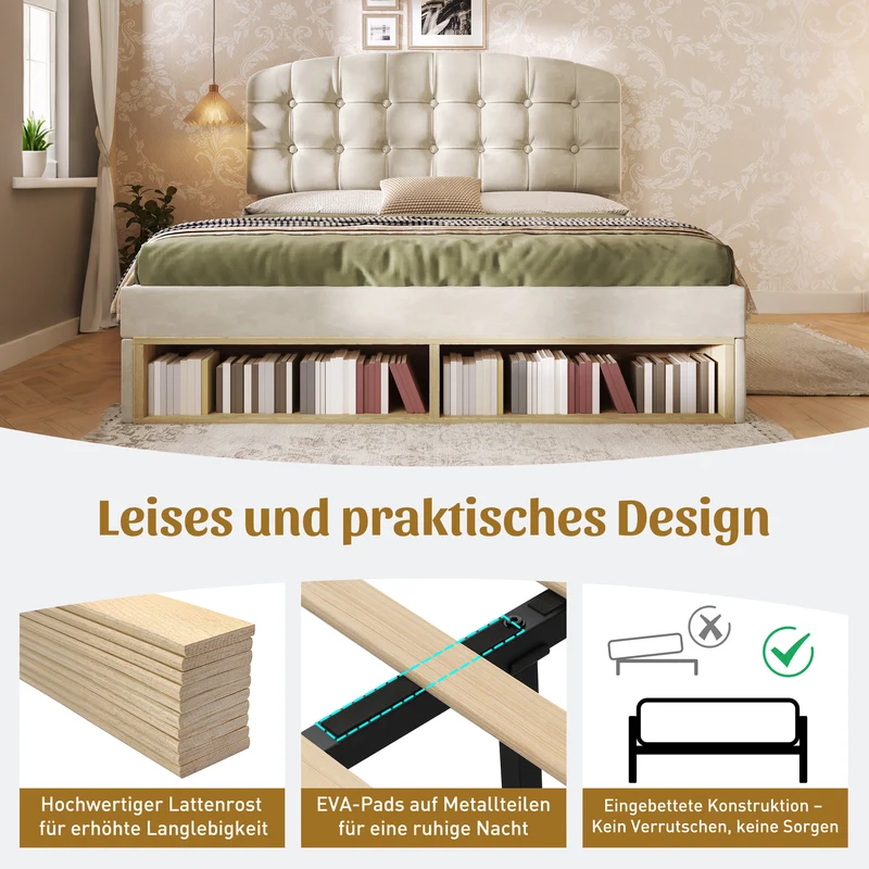 Lit double 140x200 en velours beige avec sommier, tête de lit réglable, tiroirs et rangements – Cadre de lit design sans matelas