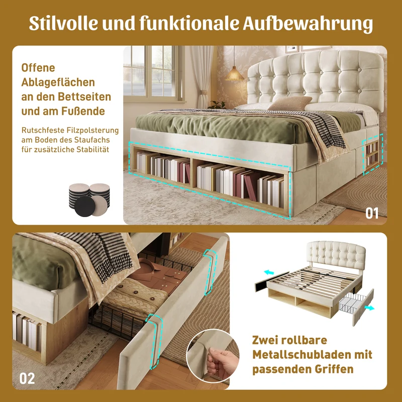 Lit double 140x200 en velours beige avec sommier, tête de lit réglable, tiroirs et rangements – Cadre de lit design sans matelas