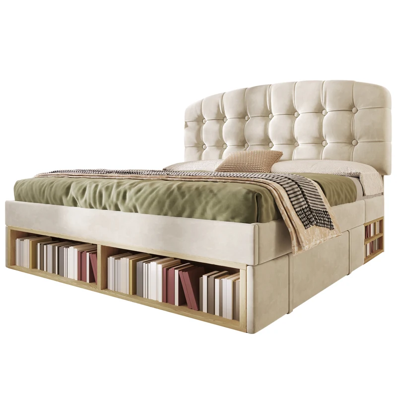 Lit double 140x200 en velours beige avec sommier, tête de lit réglable, tiroirs et rangements – Cadre de lit design sans matelas