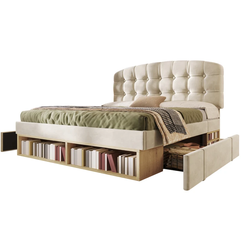 Lit double 140x200 en velours beige avec sommier, tête de lit réglable, tiroirs et rangements – Cadre de lit design sans matelas