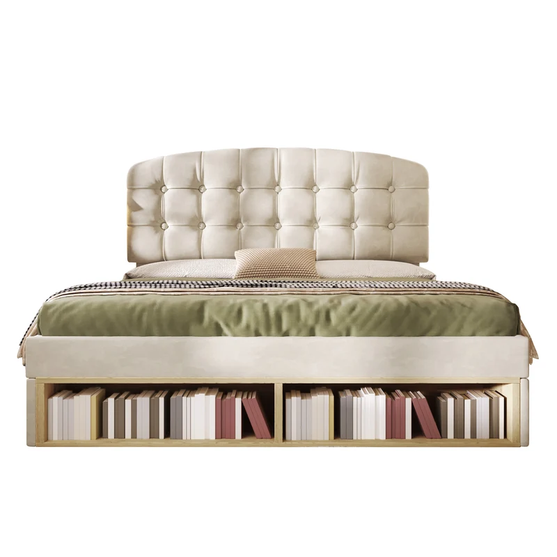 Lit double 140x200 en velours beige avec sommier, tête de lit réglable, tiroirs et rangements – Cadre de lit design sans matelas