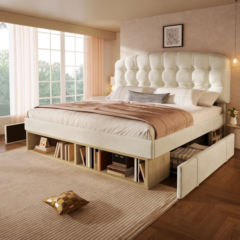 Lit double 140x200 en velours beige avec sommier, tête de lit réglable, tiroirs et rangements – Cadre de lit design sans matelas