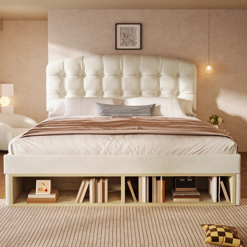 Lit double 140x200 en velours beige avec sommier, tête de lit réglable, tiroirs et rangements – Cadre de lit design sans matelas