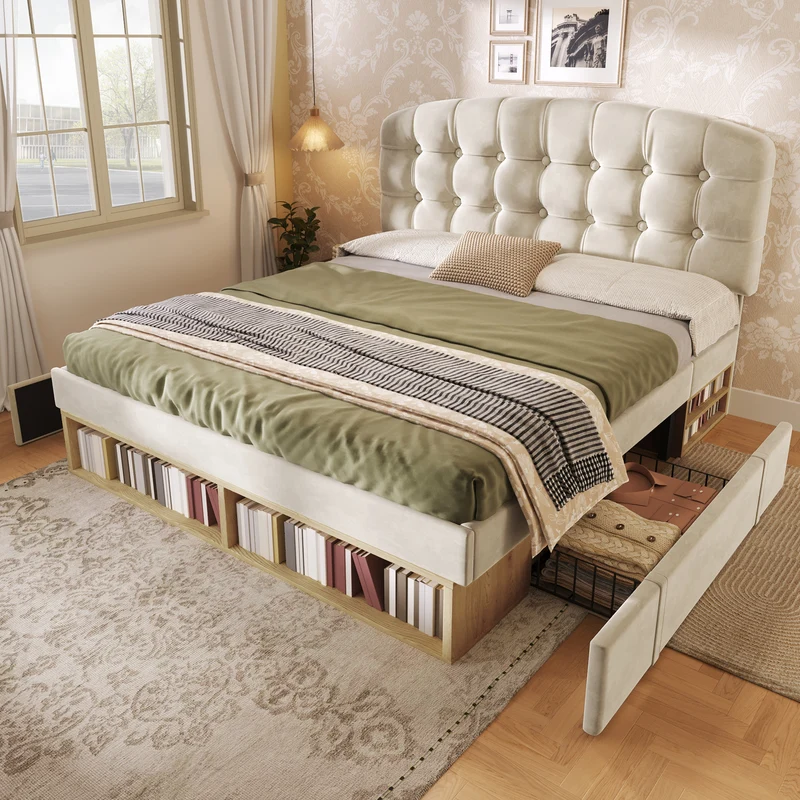 Lit double 140x200 en velours beige avec sommier, tête de lit réglable, tiroirs et rangements – Cadre de lit design sans matelas