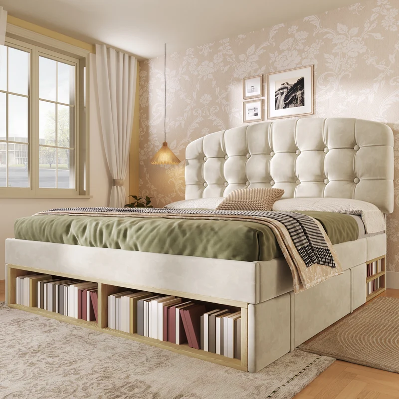 Lit double 140x200 en velours beige avec sommier, tête de lit réglable, tiroirs et rangements – Cadre de lit design sans matelas