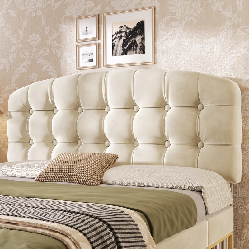 Lit double 140x200 en velours beige avec sommier, tête de lit réglable, tiroirs et rangements – Cadre de lit design sans matelas