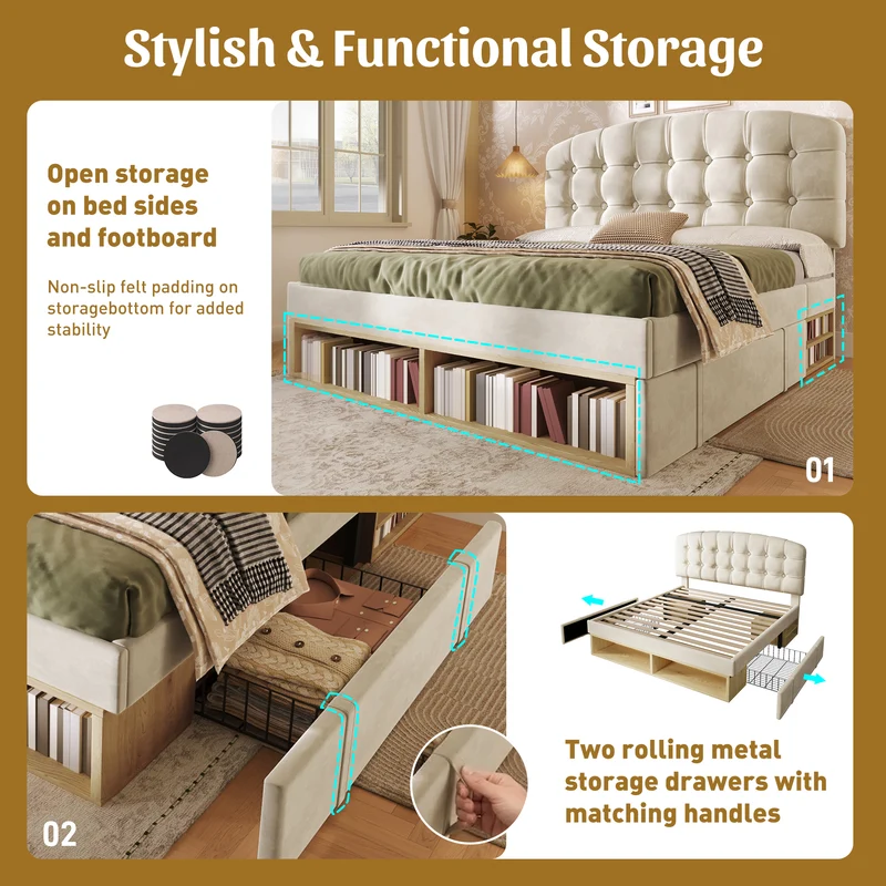 Lit double 140x200 en velours beige avec sommier, tête de lit réglable, tiroirs et rangements – Cadre de lit design sans matelas