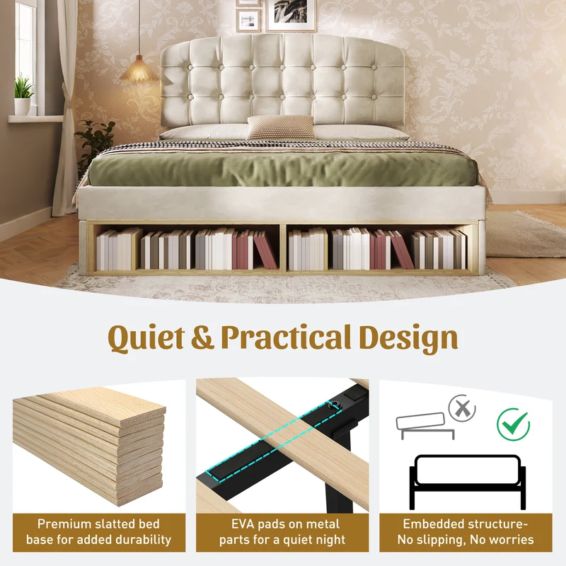 Lit double 140x200 en velours beige avec sommier, tête de lit réglable, tiroirs et rangements – Cadre de lit design sans matelas