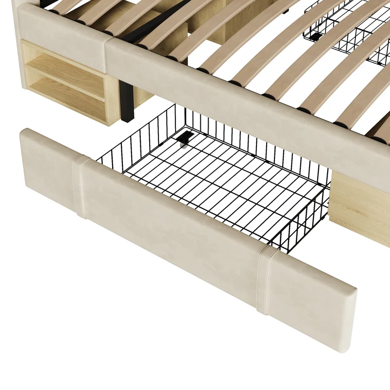 Lit double 140x200 en velours beige avec sommier, tête de lit réglable, tiroirs et rangements – Cadre de lit design sans matelas