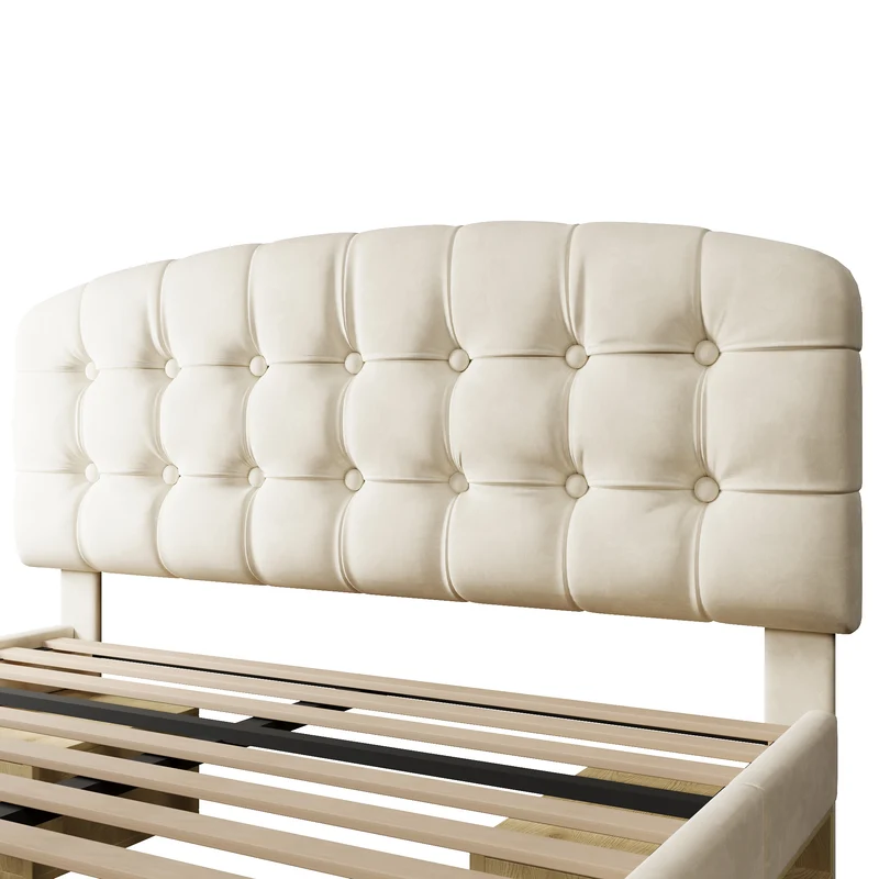 Lit double 140x200 en velours beige avec sommier, tête de lit réglable, tiroirs et rangements – Cadre de lit design sans matelas
