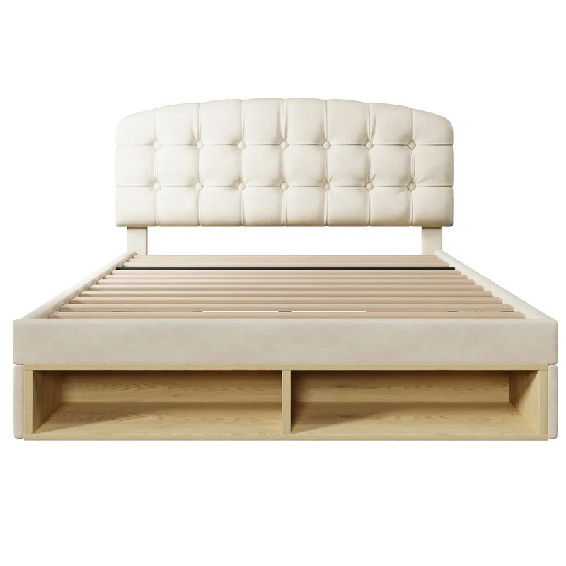 Lit double 140x200 en velours beige avec sommier, tête de lit réglable, tiroirs et rangements – Cadre de lit design sans matelas