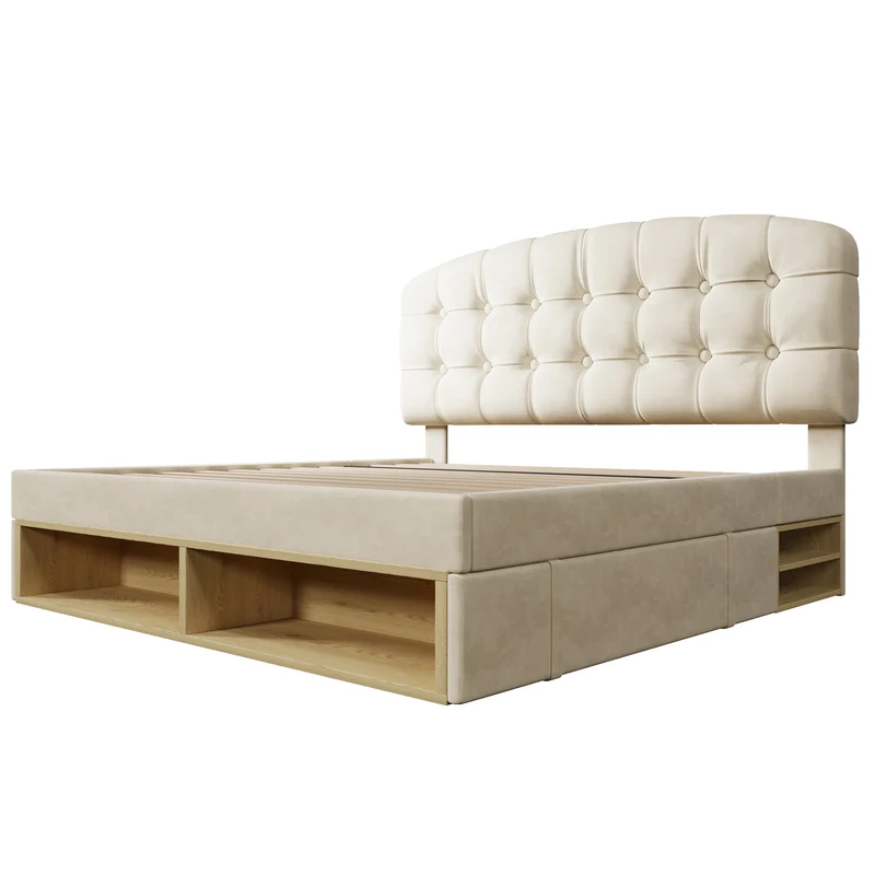 Lit double 140x200 en velours beige avec sommier, tête de lit réglable, tiroirs et rangements – Cadre de lit design sans matelas