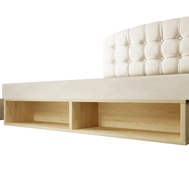 Lit double 140x200 en velours beige avec sommier, tête de lit réglable, tiroirs et rangements – Cadre de lit design sans matelas