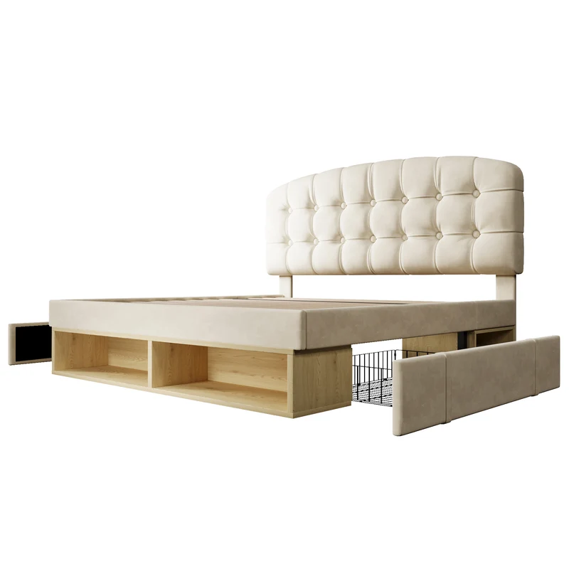 Lit double 140x200 en velours beige avec sommier, tête de lit réglable, tiroirs et rangements – Cadre de lit design sans matelas
