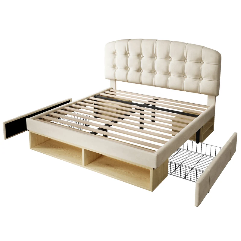 Lit double 140x200 en velours beige avec sommier, tête de lit réglable, tiroirs et rangements – Cadre de lit design sans matelas