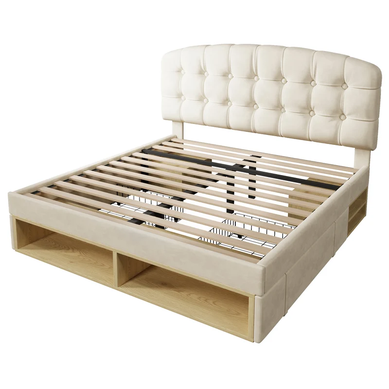 Lit double 140x200 en velours beige avec sommier, tête de lit réglable, tiroirs et rangements – Cadre de lit design sans matelas