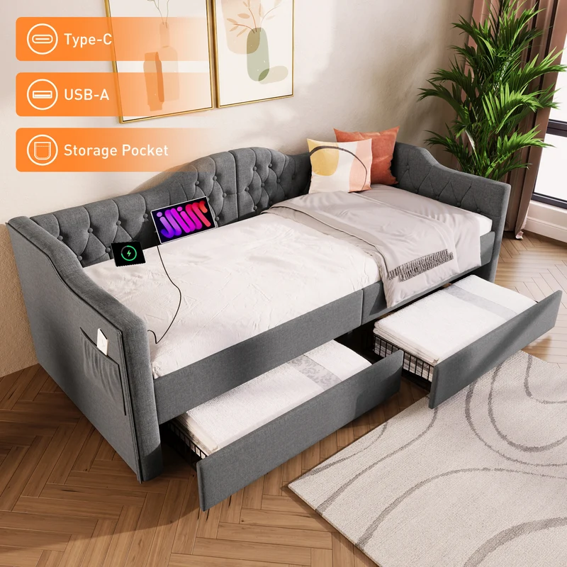Lit banquette 90x200cm gris lin avec rangement, ports USB Type C, style moderne