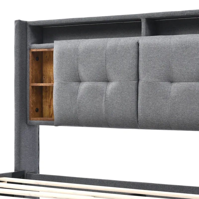Lit double 140x200 cm gris avec tête de lit rangement, USB, LED, sommier bois massif – Style moderne MINIMALIST BOOKCASE AR