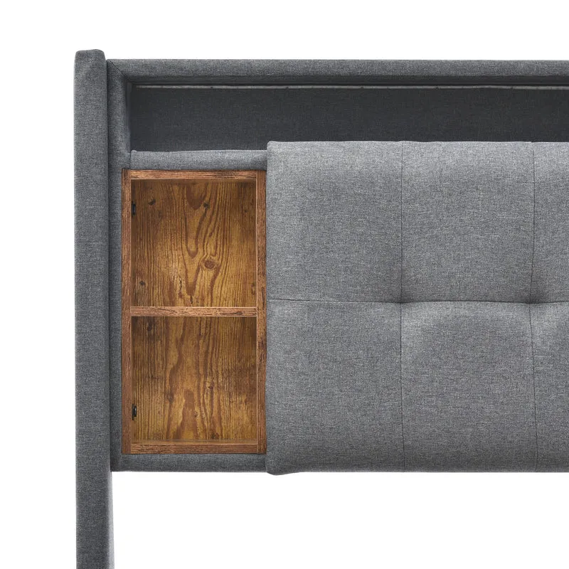 Lit double 140x200 cm gris avec tête de lit rangement, USB, LED, sommier bois massif – Style moderne MINIMALIST BOOKCASE AR