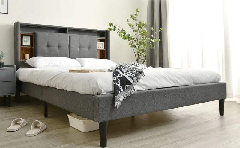 Lit double 140x200 cm gris avec tête de lit rangement, USB, LED, sommier bois massif – Style moderne MINIMALIST BOOKCASE AR