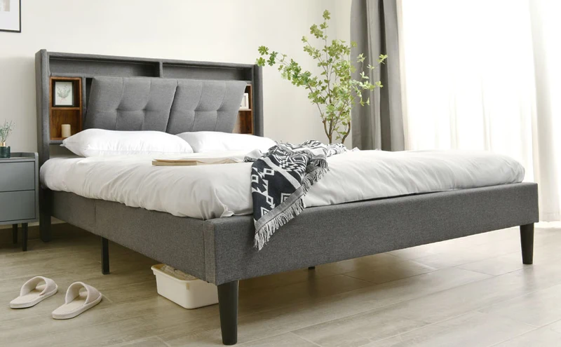 Lit double 140x200 cm gris avec tête de lit rangement, USB, LED, sommier bois massif – Style moderne MINIMALIST BOOKCASE AR