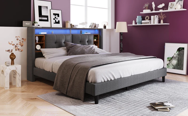 Lit double 140x200 cm gris avec tête de lit rangement, USB, LED, sommier bois massif – Style moderne MINIMALIST BOOKCASE AR