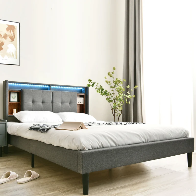Lit double 140x200 cm gris avec tête de lit rangement, USB, LED, sommier bois massif – Style moderne MINIMALIST BOOKCASE AR