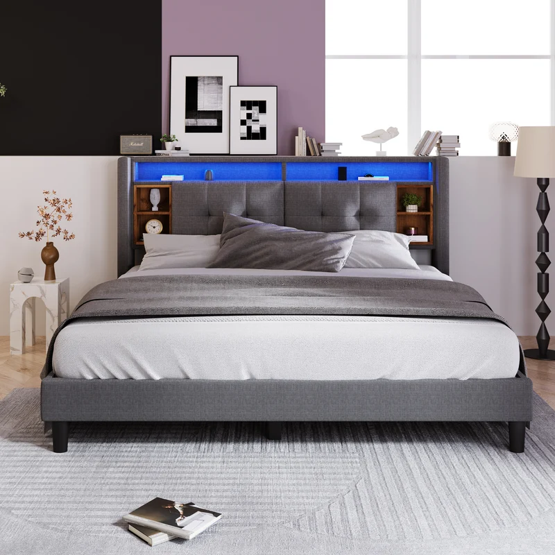 Lit double 140x200 cm gris avec tête de lit rangement, USB, LED, sommier bois massif – Style moderne MINIMALIST BOOKCASE AR