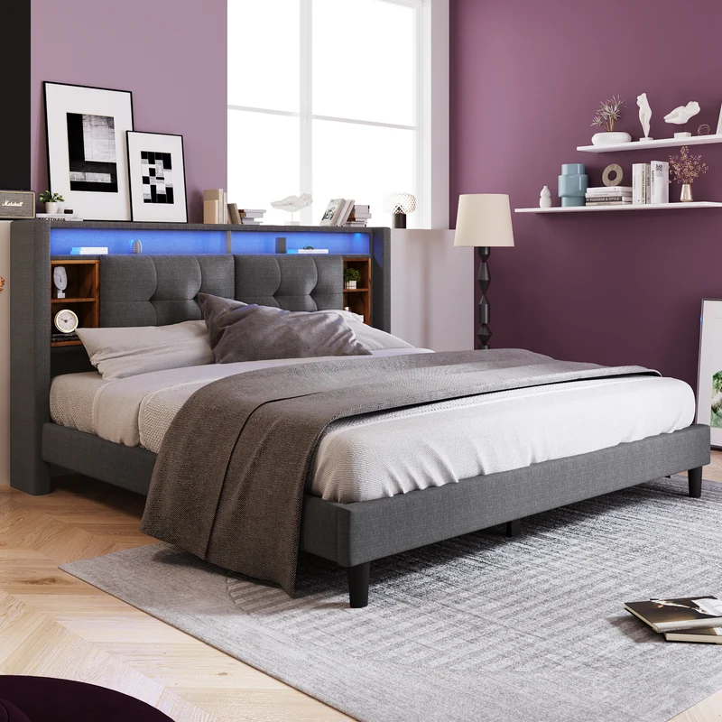 Lit double 140x200 cm gris avec tête de lit rangement, USB, LED, sommier bois massif – Style moderne MINIMALIST BOOKCASE AR
