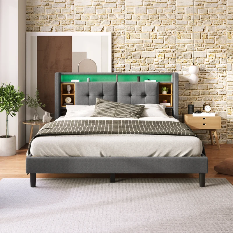 Lit double 140x200 cm gris avec tête de lit rangement, USB, LED, sommier bois massif – Style moderne MINIMALIST BOOKCASE AR